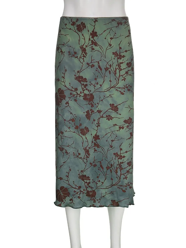 Fairy Grunge Green Floral Midi Skirt