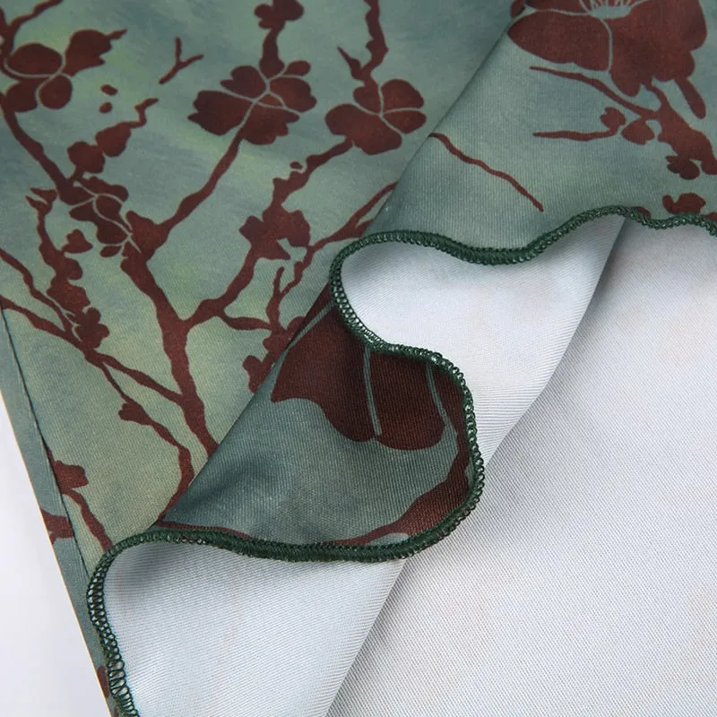 Fairy Grunge Green Floral Midi Skirt