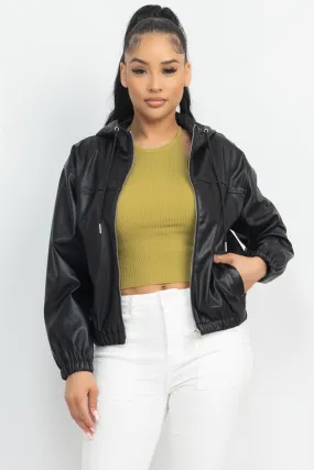 Faux Leather Black Hoodie Bomber Jacket