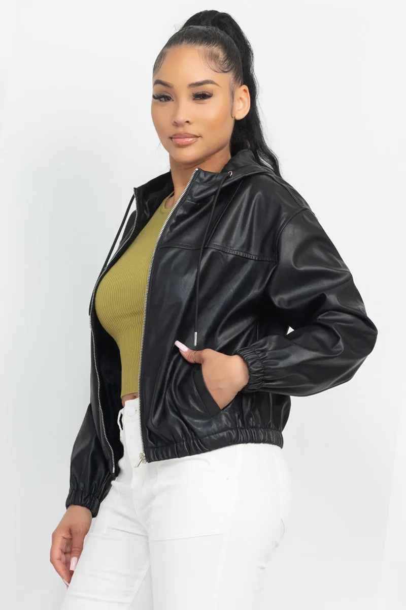 Faux Leather Black Hoodie Bomber Jacket