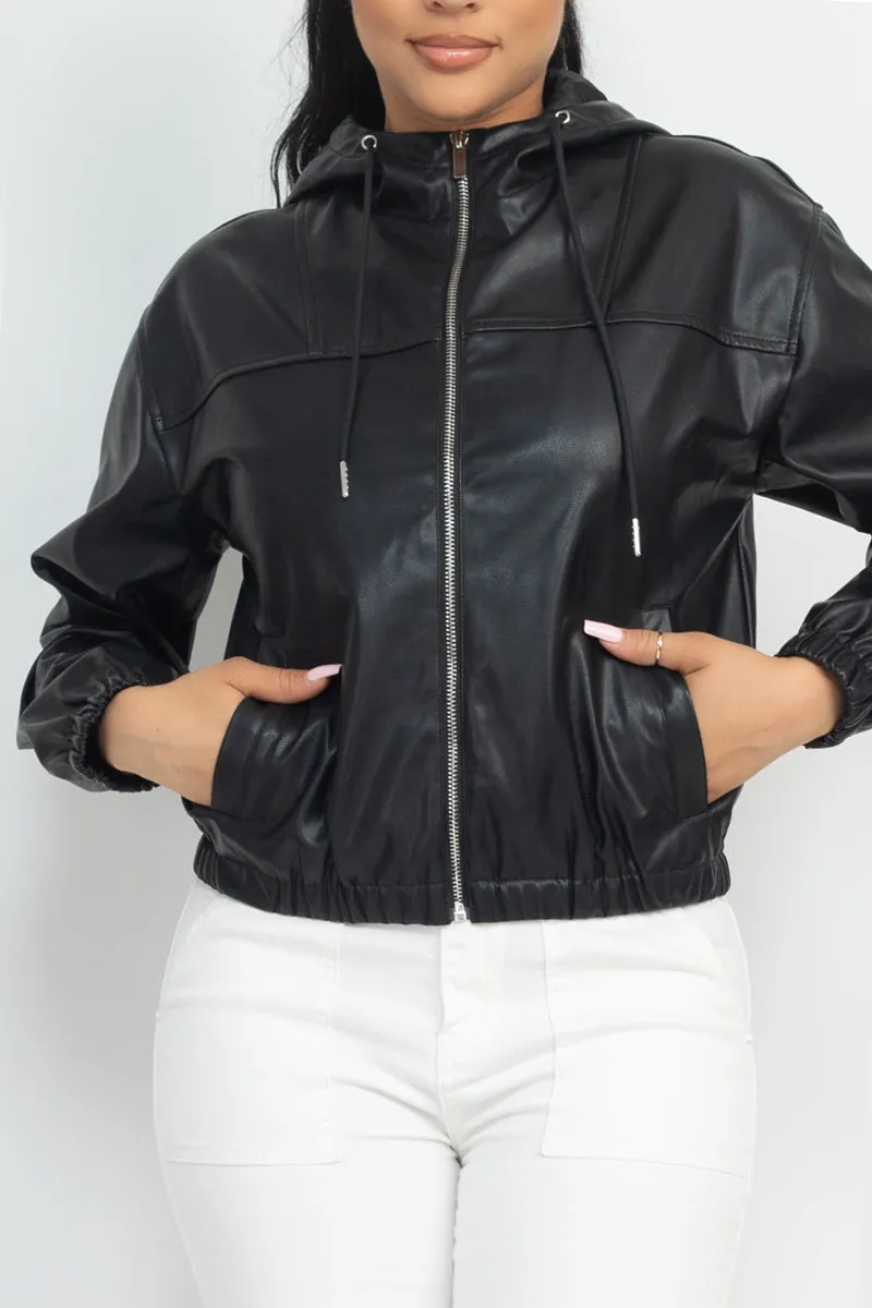 Faux Leather Black Hoodie Bomber Jacket