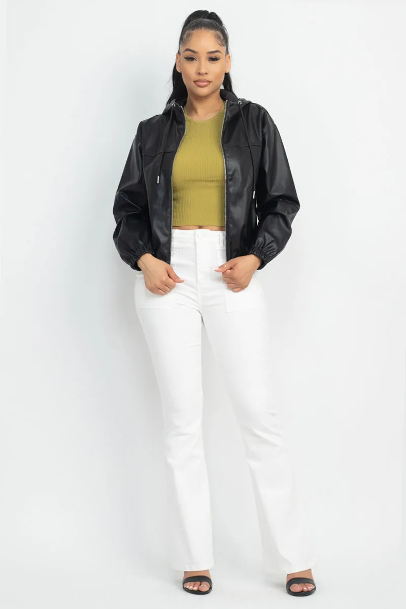 Faux Leather Black Hoodie Bomber Jacket