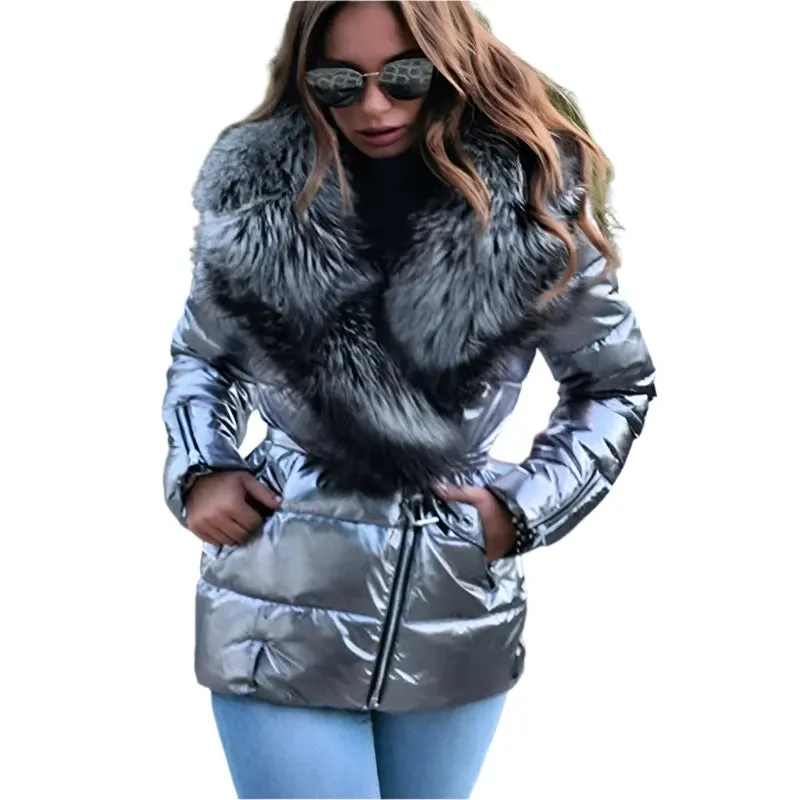Glossy Women’s Short Down Cotton-Padded Parka with Big Fur Collar – Warm Winter Coat, Stylish Outerwear Jacket