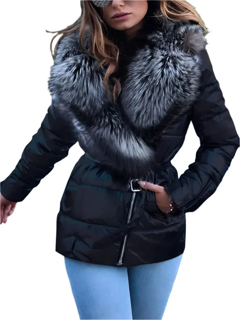 Glossy Women’s Short Down Cotton-Padded Parka with Big Fur Collar – Warm Winter Coat, Stylish Outerwear Jacket