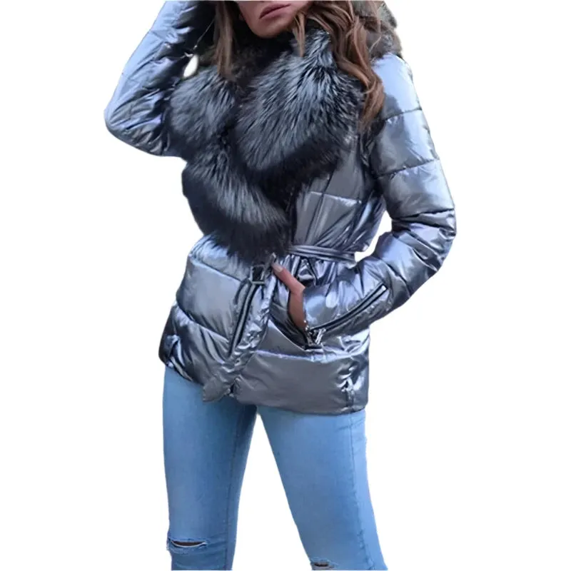 Glossy Women’s Short Down Cotton-Padded Parka with Big Fur Collar – Warm Winter Coat, Stylish Outerwear Jacket