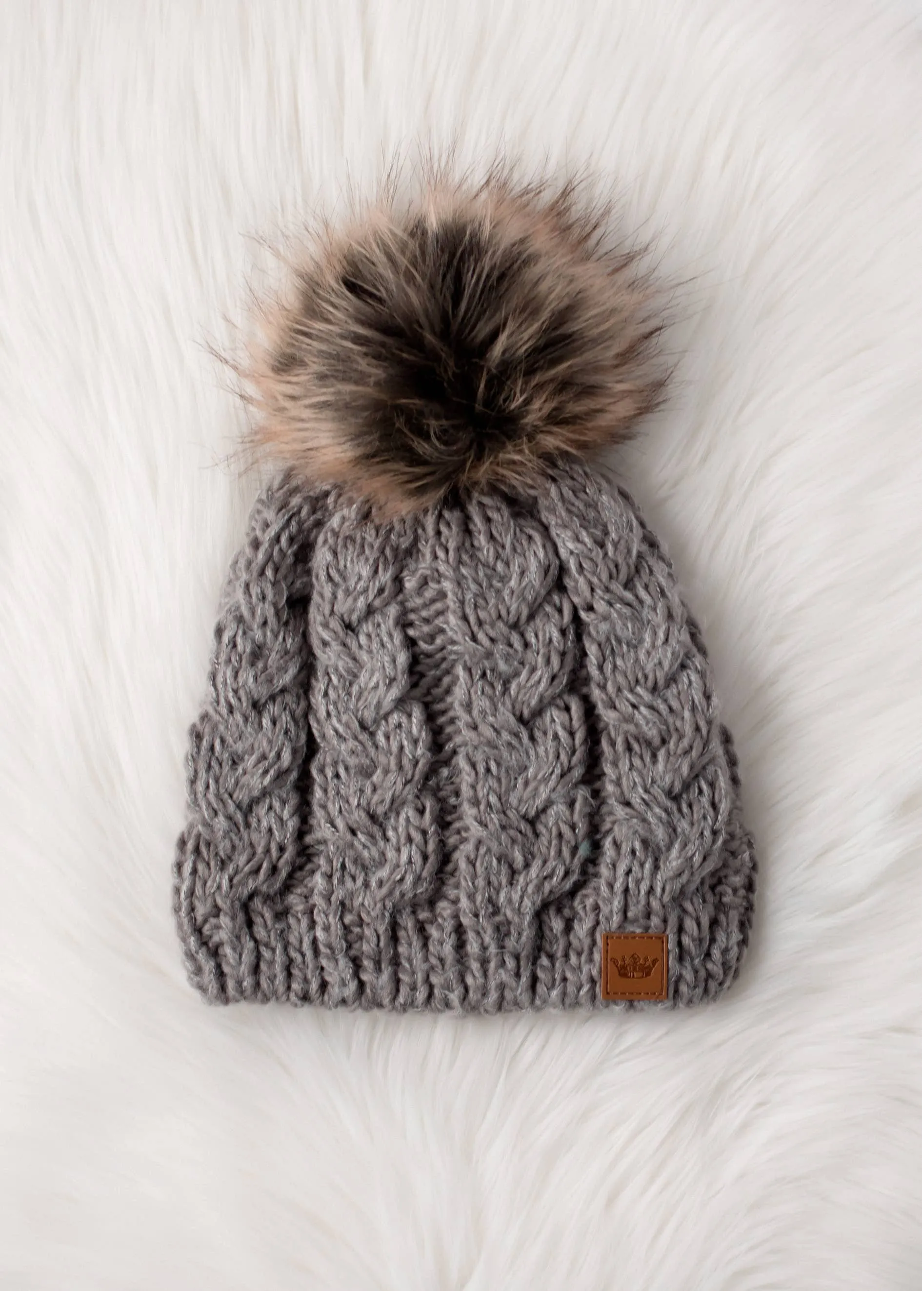 Gray Cable Knit Pom Hat