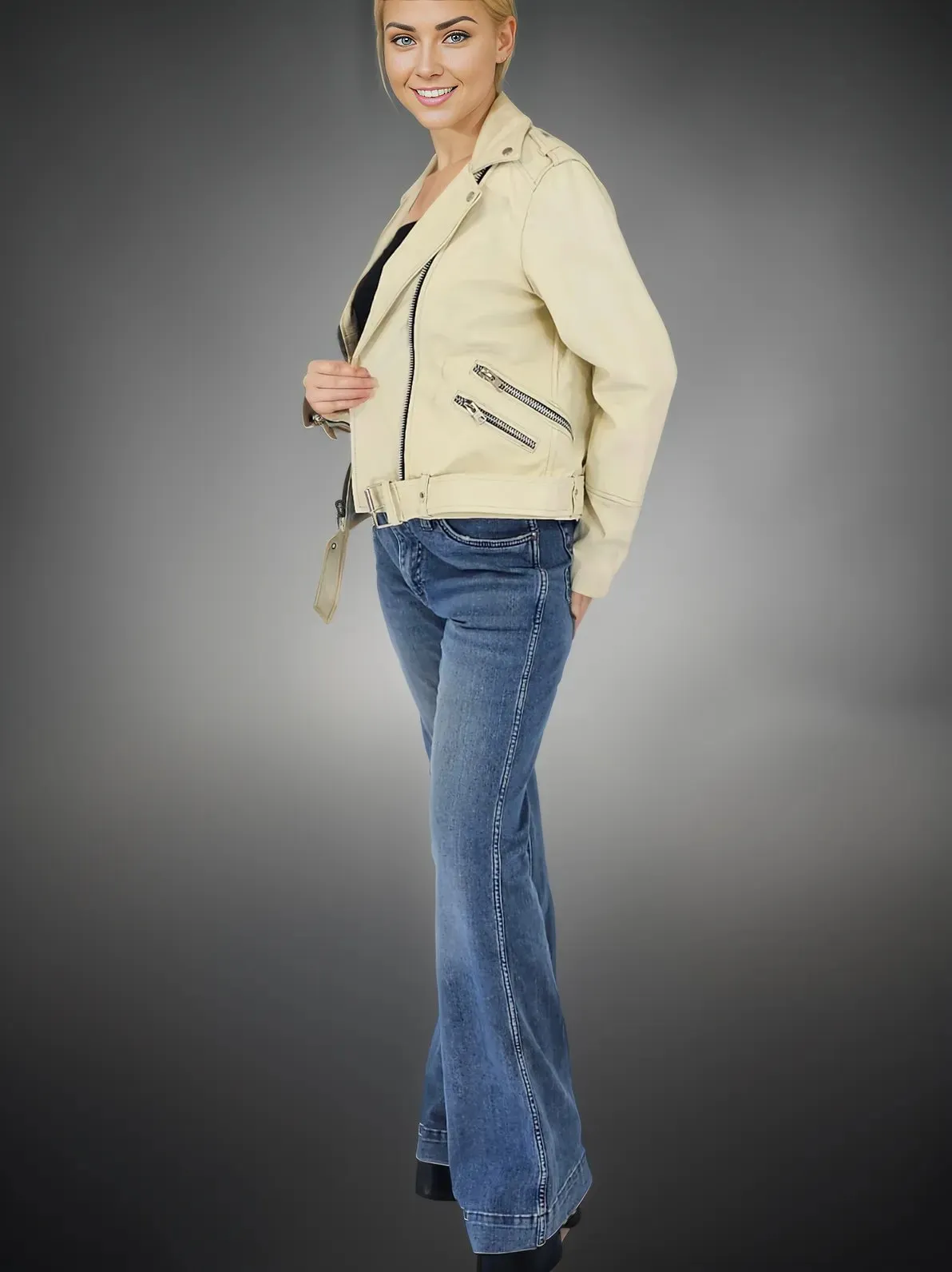 Handcrafted Women's Sheepskin Leather Biker Jacket – Premium Biker Style Bone