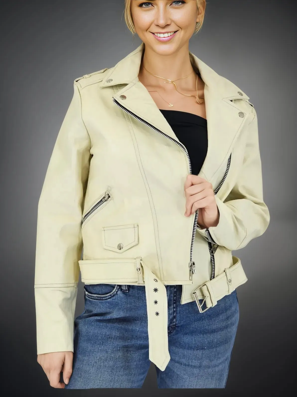 Handcrafted Women's Sheepskin Leather Biker Jacket – Premium Biker Style Bone