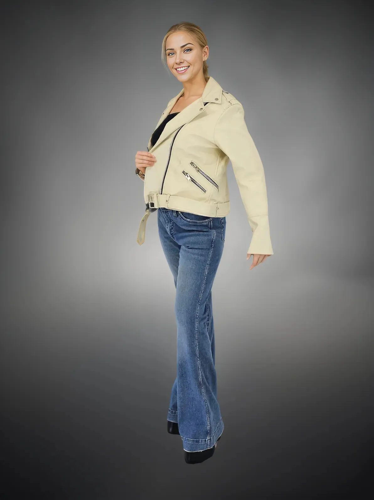Handcrafted Women's Sheepskin Leather Biker Jacket – Premium Biker Style Bone