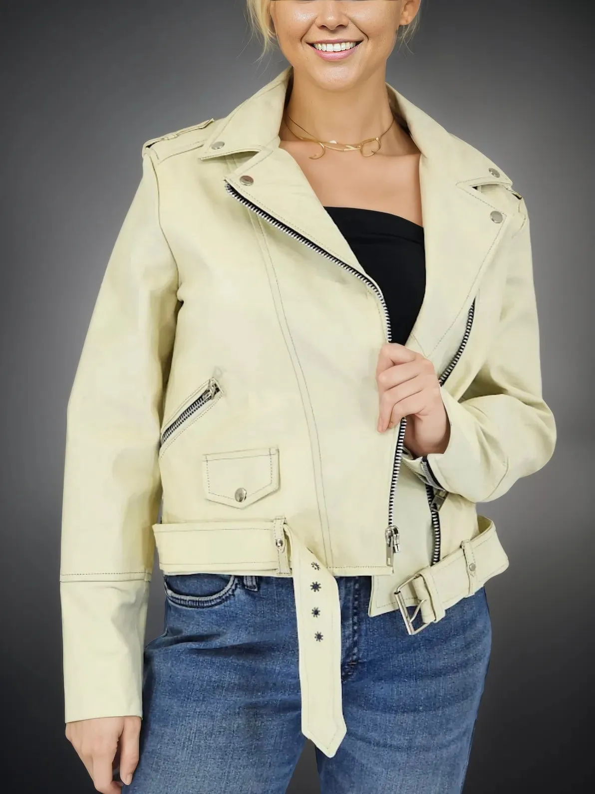 Handcrafted Women's Sheepskin Leather Biker Jacket – Premium Biker Style Bone
