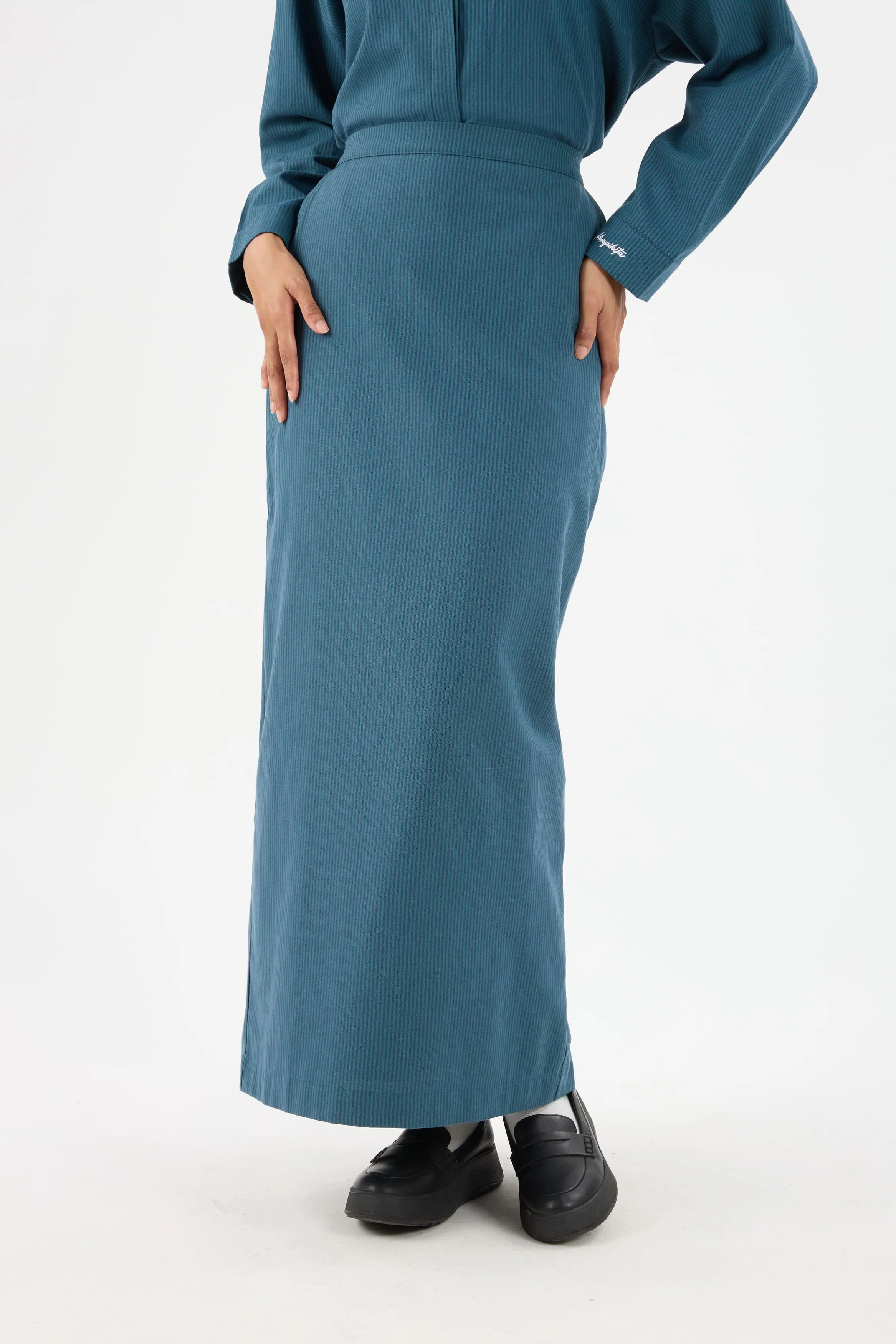 Harmoni Teal Blue Striped Linen Skirt