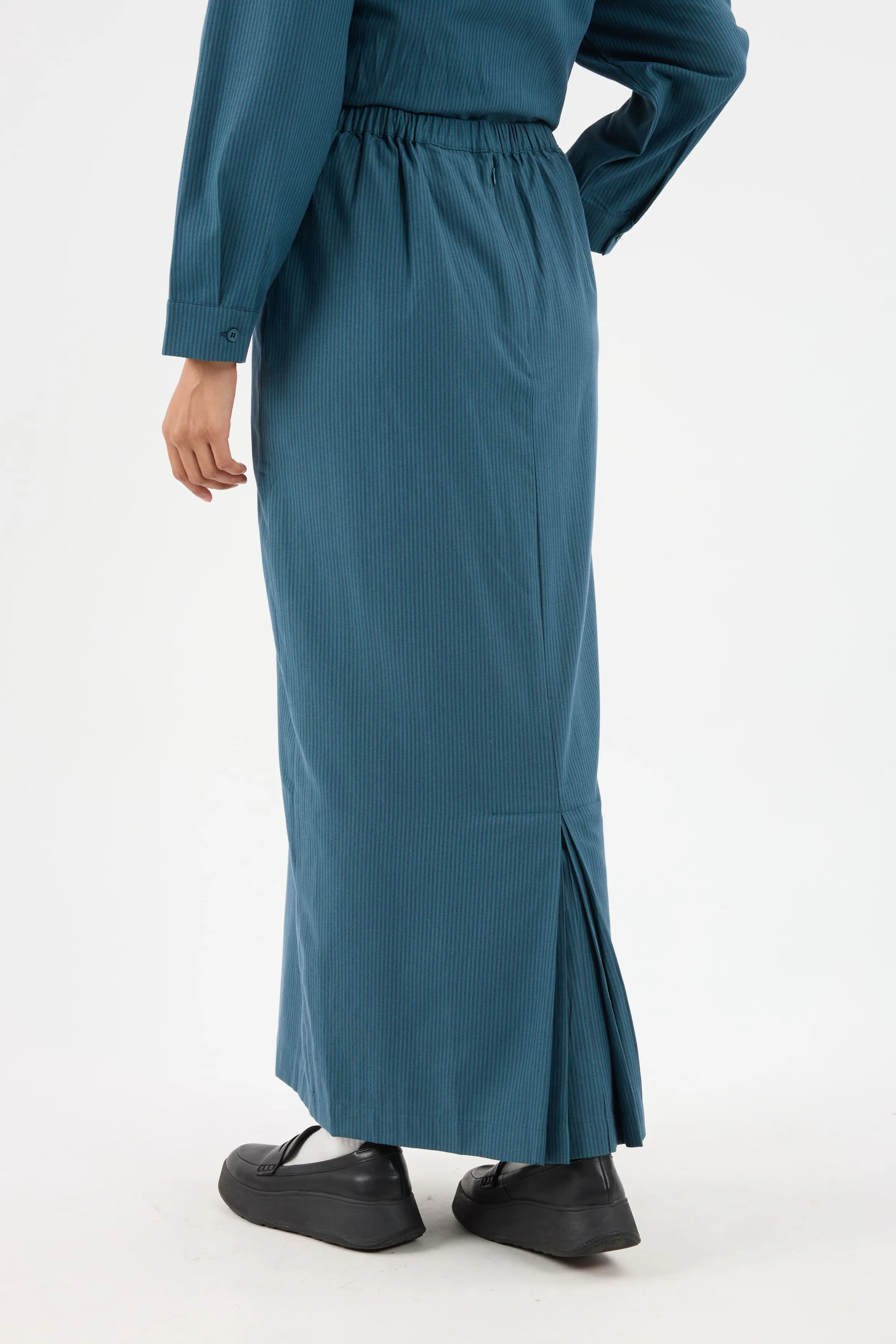 Harmoni Teal Blue Striped Linen Skirt