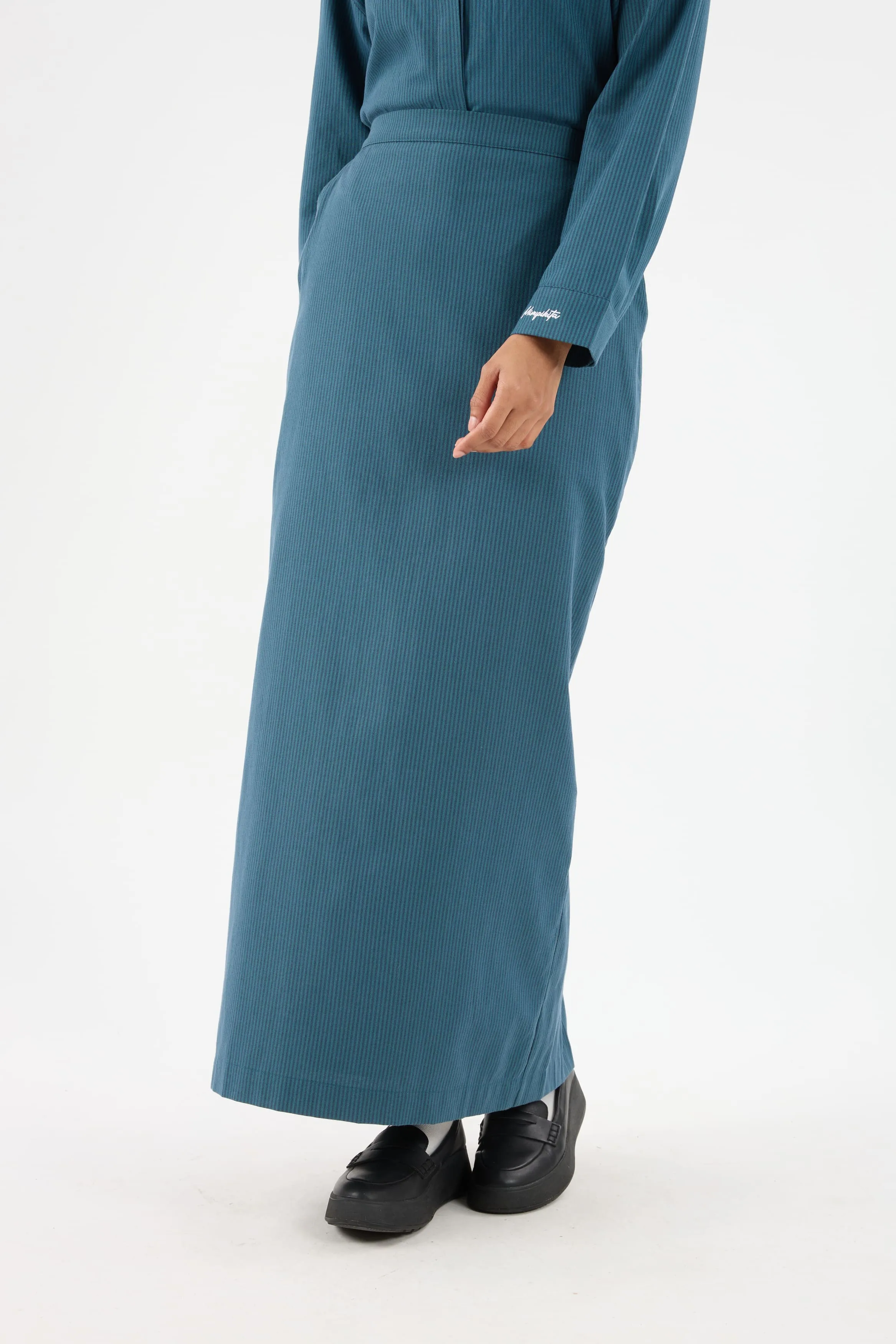 Harmoni Teal Blue Striped Linen Skirt