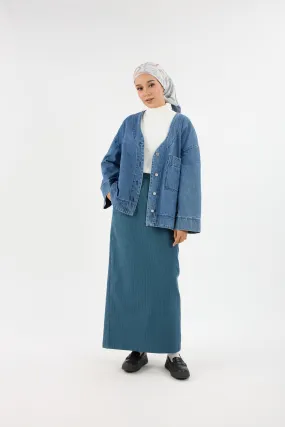 Harmoni Teal Blue Striped Linen Skirt