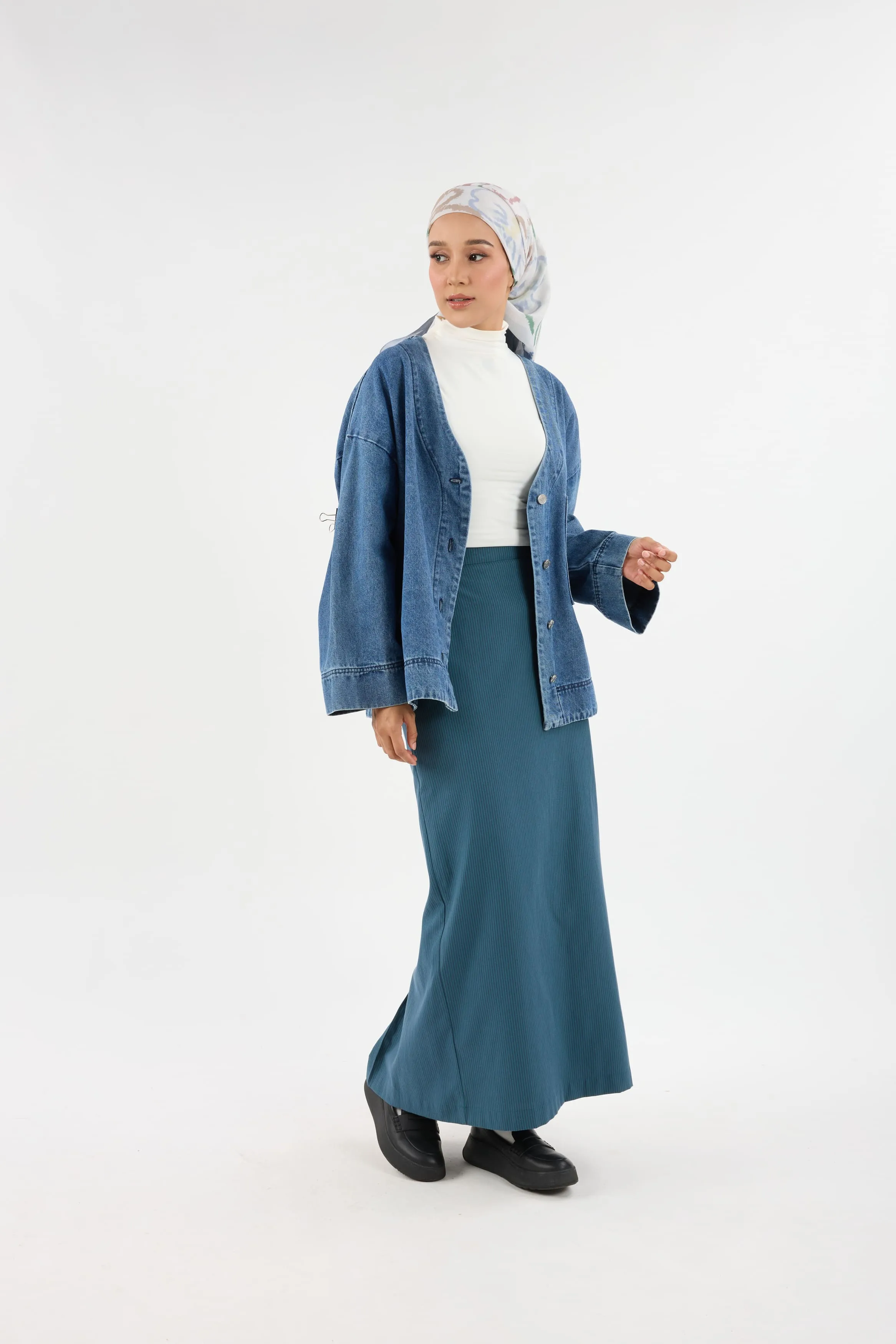 Harmoni Teal Blue Striped Linen Skirt