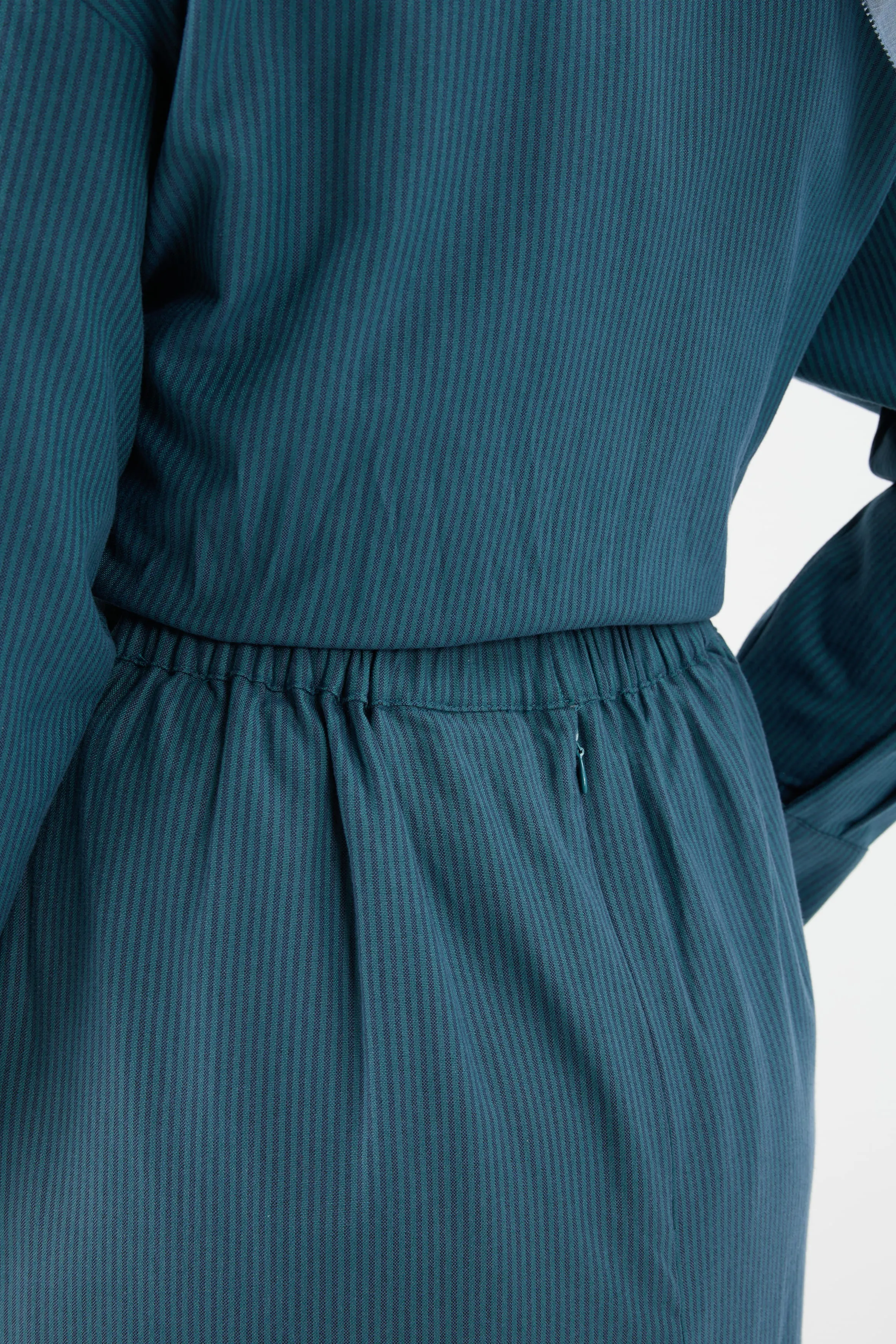 Harmoni Teal Blue Striped Linen Skirt