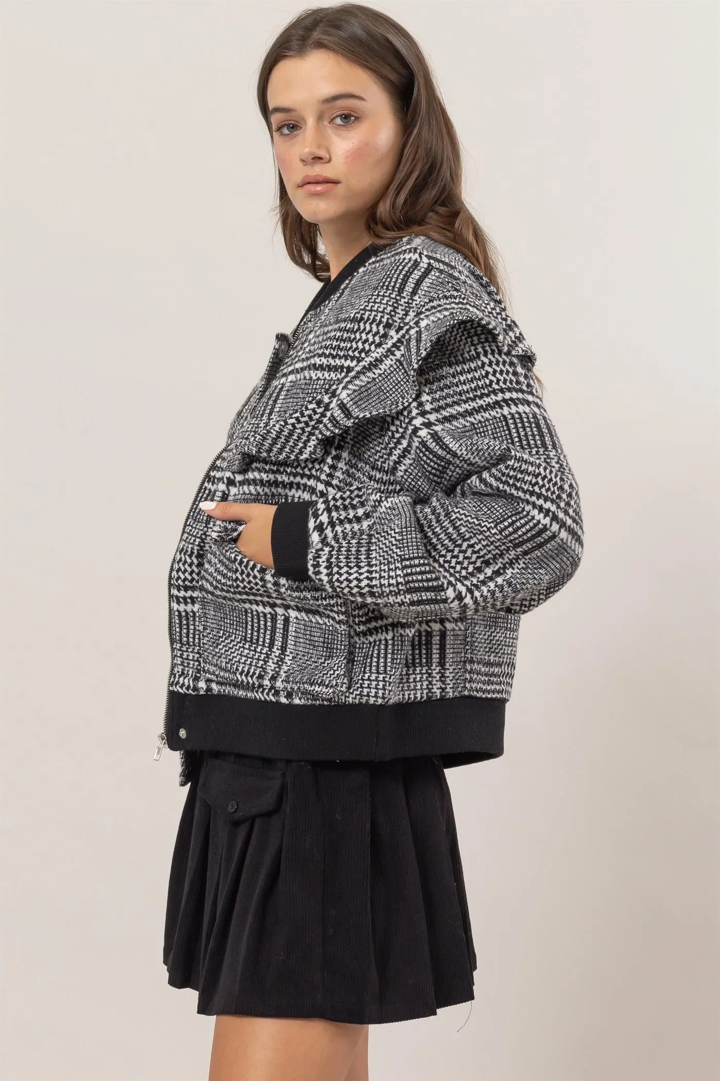 HF25C182-Plaid Ruffle Bomber Jacket