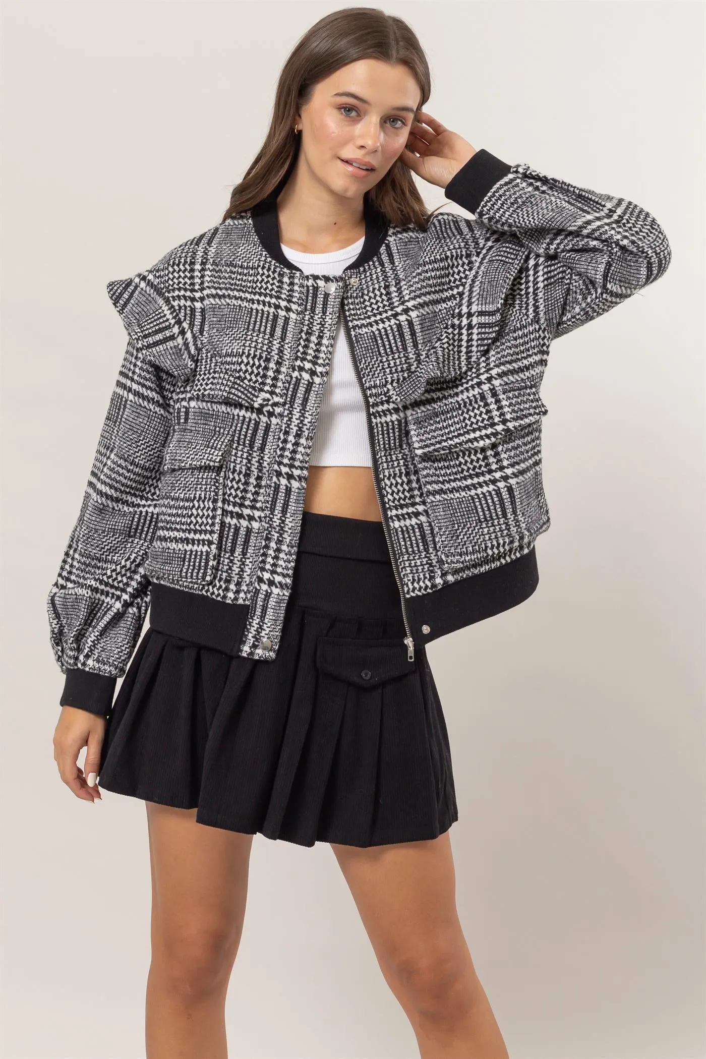 HF25C182-Plaid Ruffle Bomber Jacket