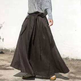 Linen A-line Maxi Skirt with Strappy Design and Pockets