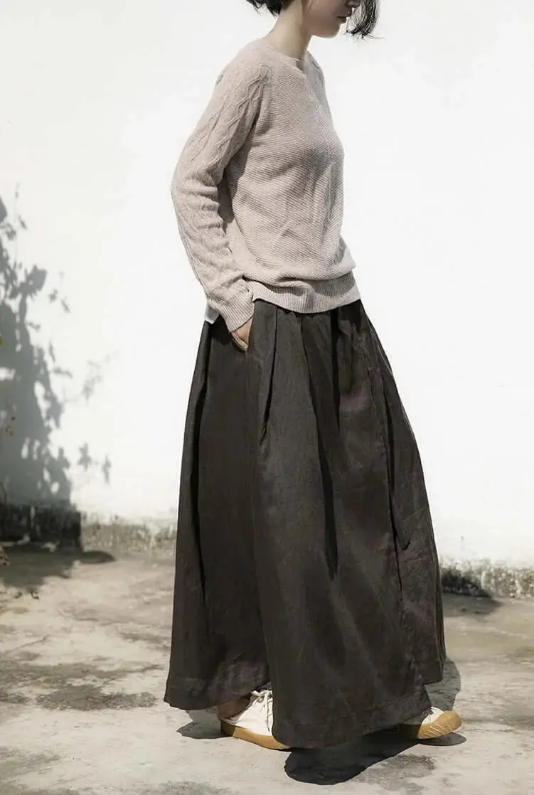 Linen A-line Maxi Skirt with Strappy Design and Pockets