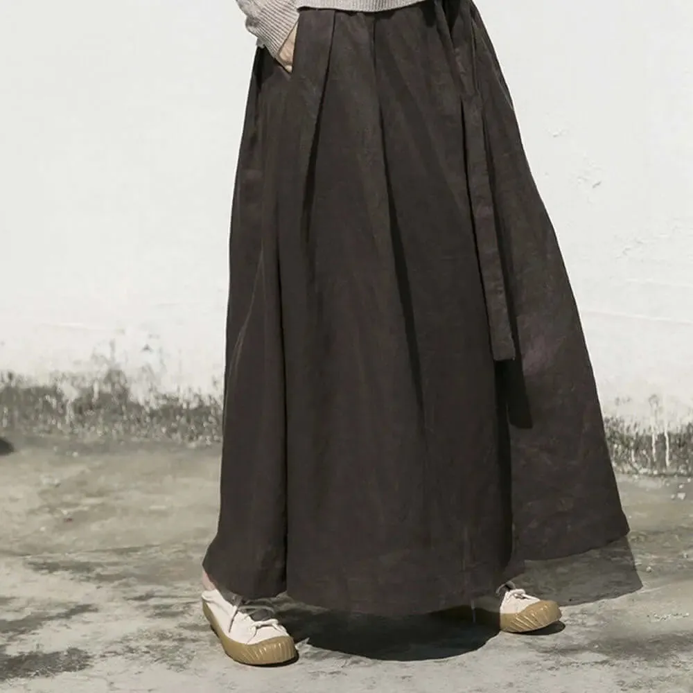 Linen A-line Maxi Skirt with Strappy Design and Pockets