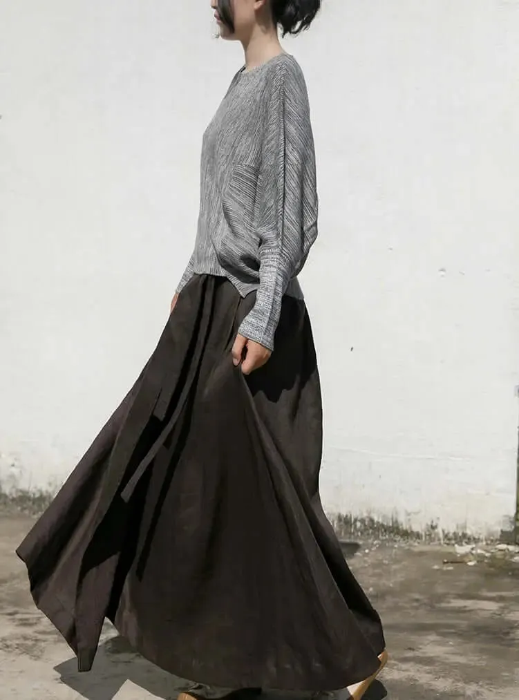 Linen A-line Maxi Skirt with Strappy Design and Pockets