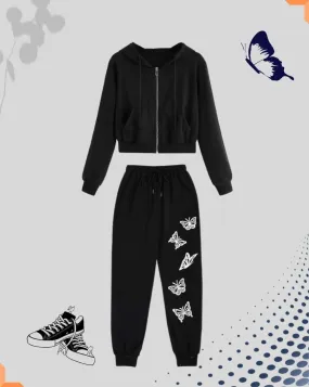 Luxury Zip Up Pouch Pocket Drawstring Hoodie with Butterfly Print Jogger Set - Black