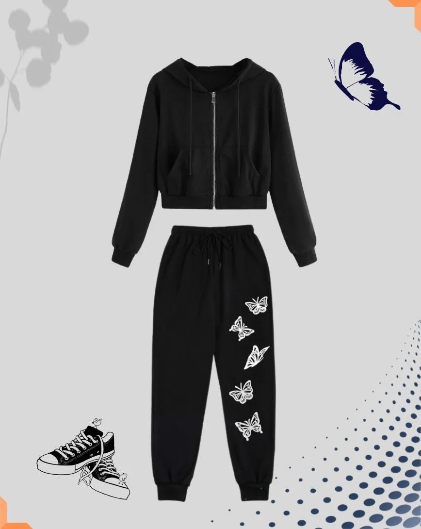 Luxury Zip Up Pouch Pocket Drawstring Hoodie with Butterfly Print Jogger Set - Black