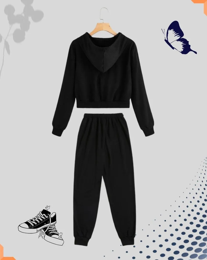 Luxury Zip Up Pouch Pocket Drawstring Hoodie with Butterfly Print Jogger Set - Black