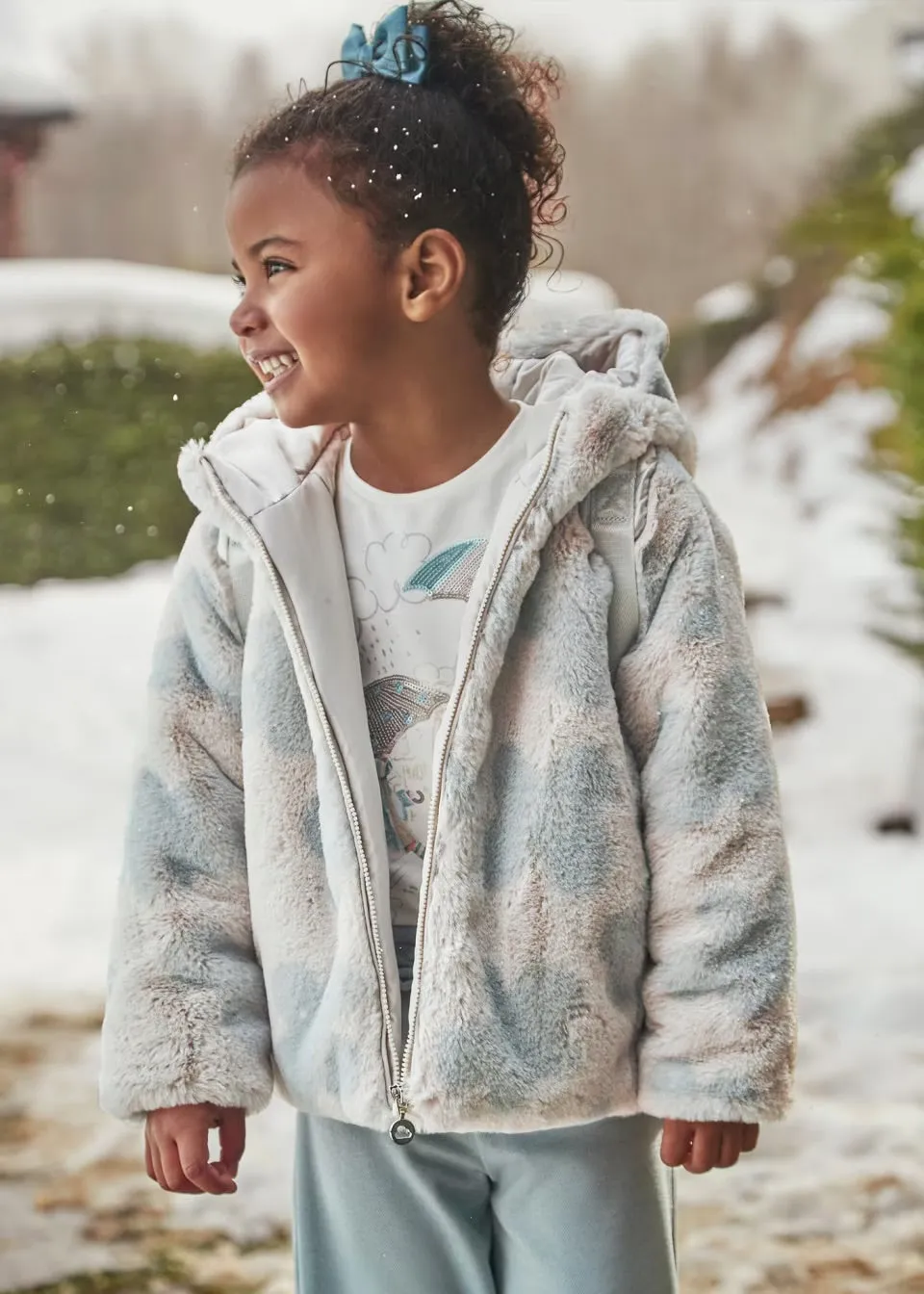 Mayoral Girls Faux Fur Coat 4486 Sky Blue Print