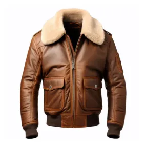 Men's Brown Aviator Casual Faux Shearling Lapel Leather Jacket