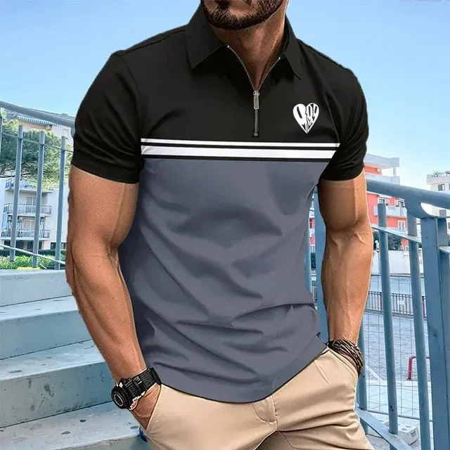Men's summer beach T-shirt, striped printed casual polo, new fashion