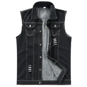 Men's Trendy Casual Denim Vest Ripped Sleeveless Embroidered Vest Black