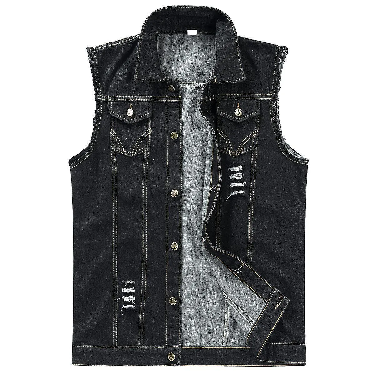 Men's Trendy Casual Denim Vest Ripped Sleeveless Embroidered Vest Black