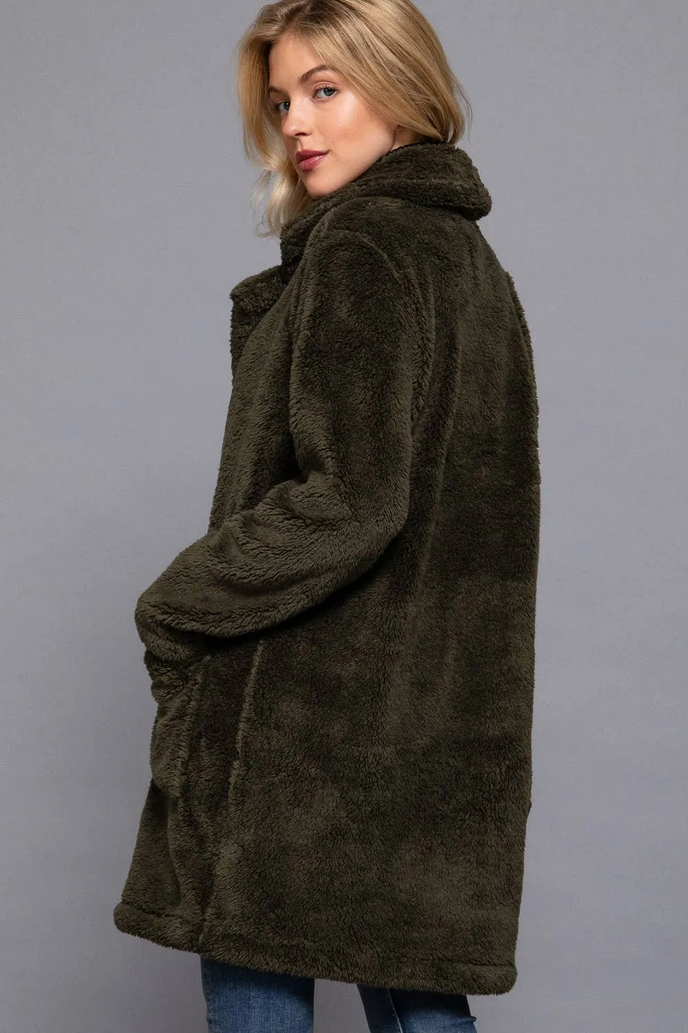 Notched Collar Faux Fur Soft Coat in Black and Olive