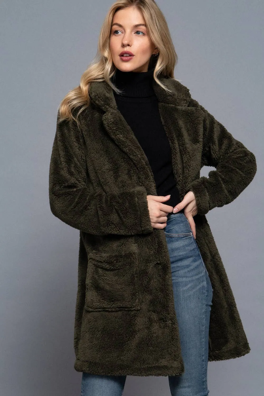 Notched Collar Faux Fur Soft Coat in Black and Olive