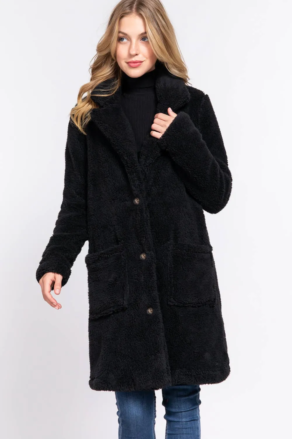 Notched Collar Faux Fur Soft Coat in Black and Olive