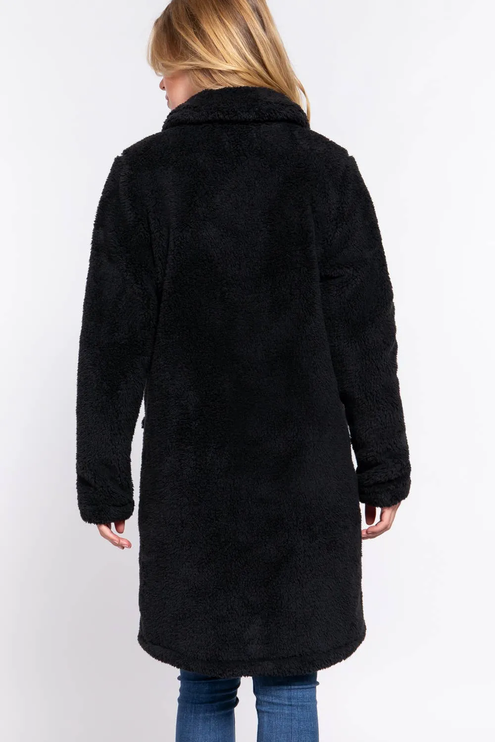 Notched Collar Faux Fur Soft Coat in Black and Olive