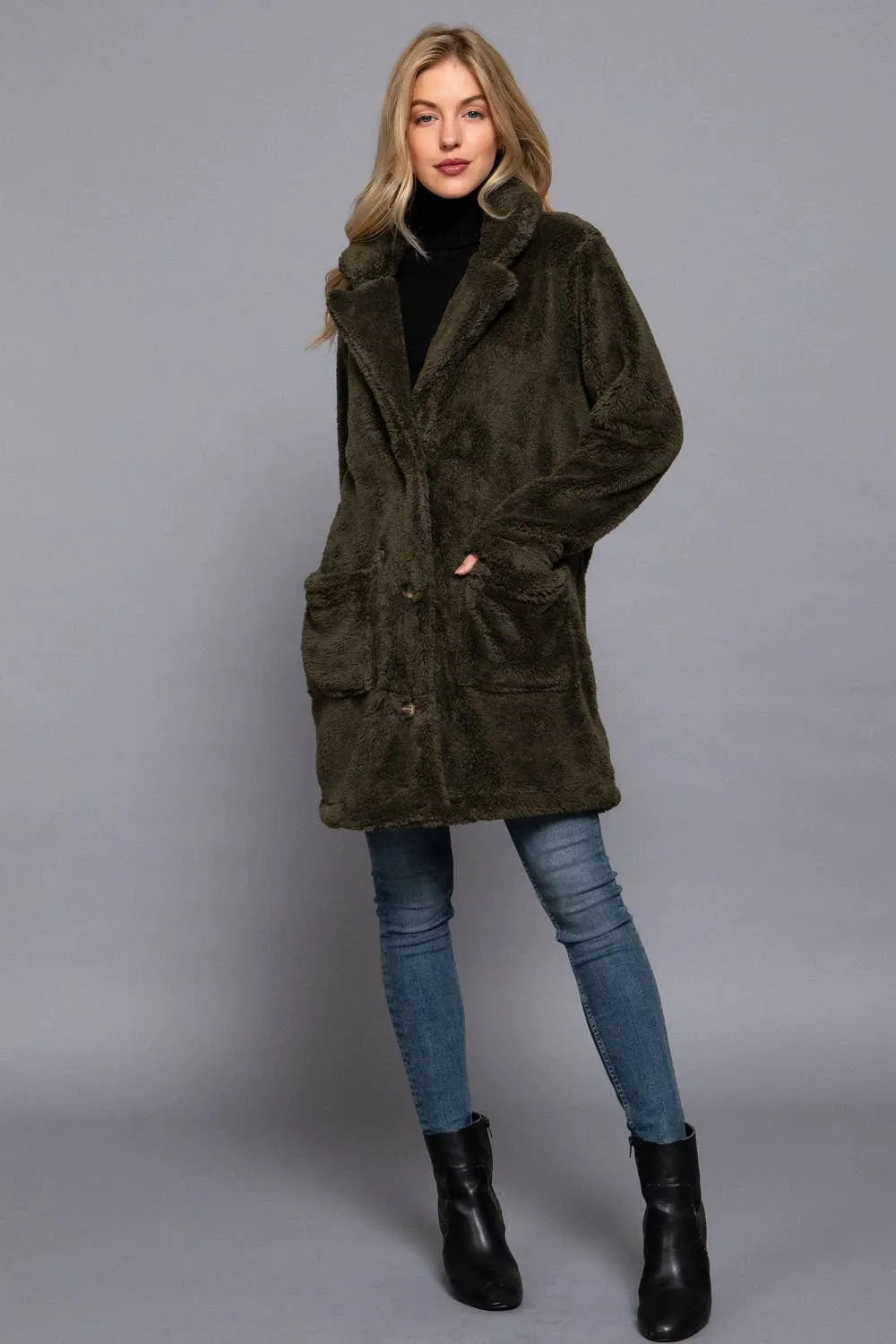 Notched Collar Faux Fur Soft Coat in Black and Olive