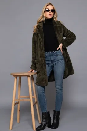 Notched Collar Faux Fur Soft Coat in Black and Olive