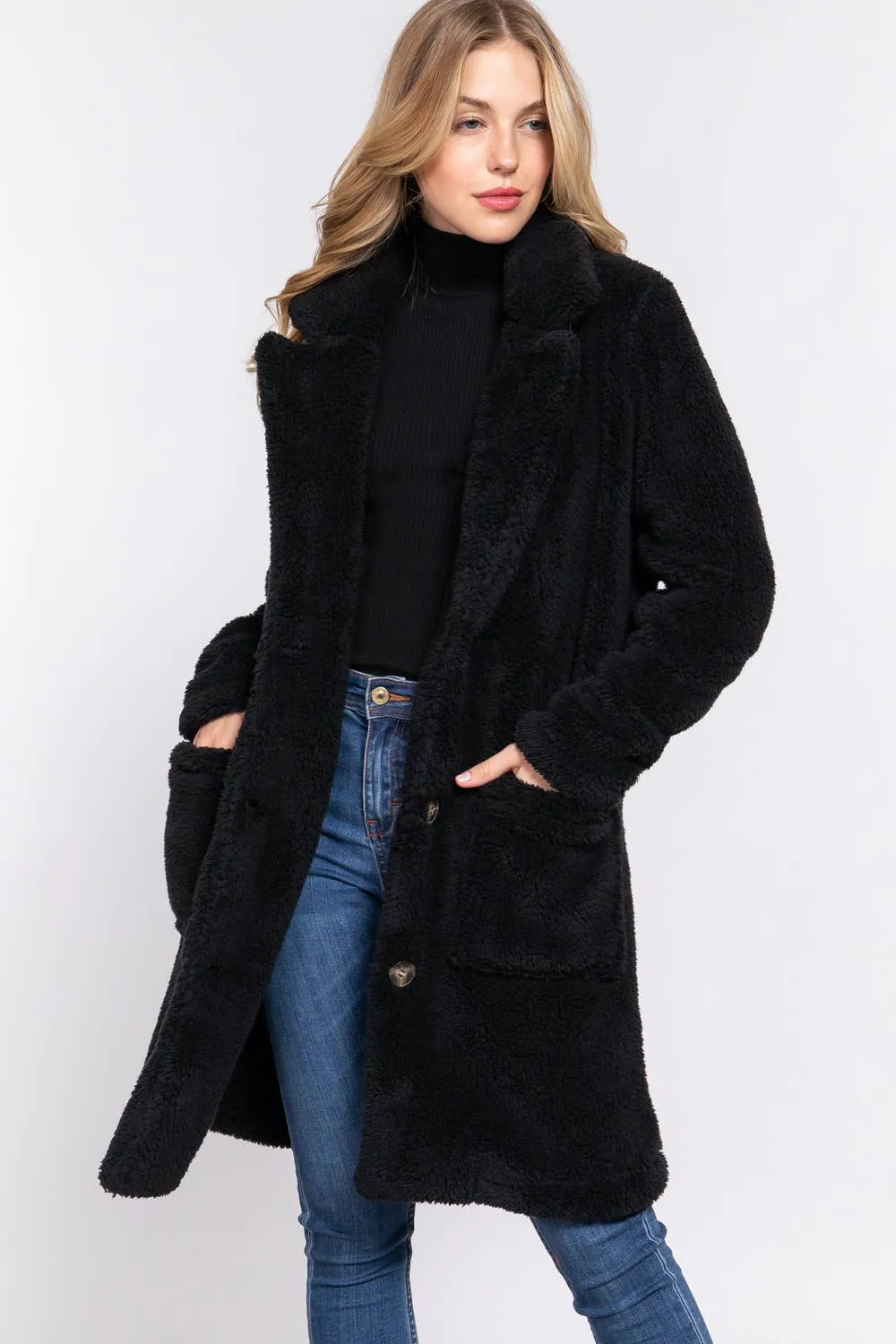Notched Collar Faux Fur Soft Coat in Black and Olive