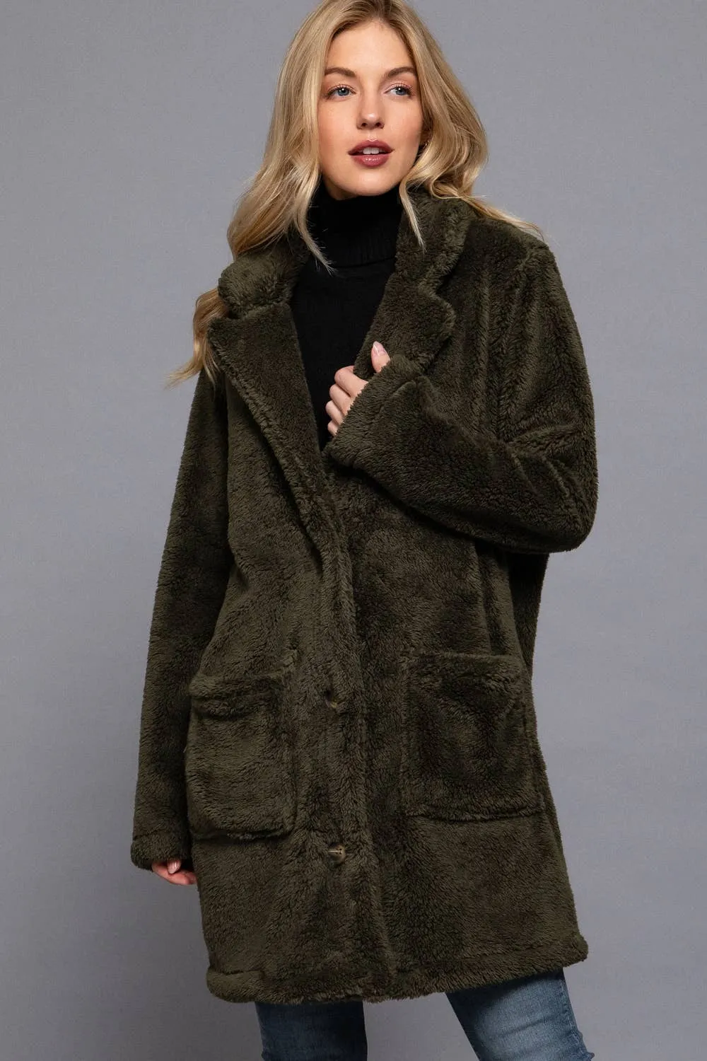 Notched Collar Faux Fur Soft Coat in Black and Olive