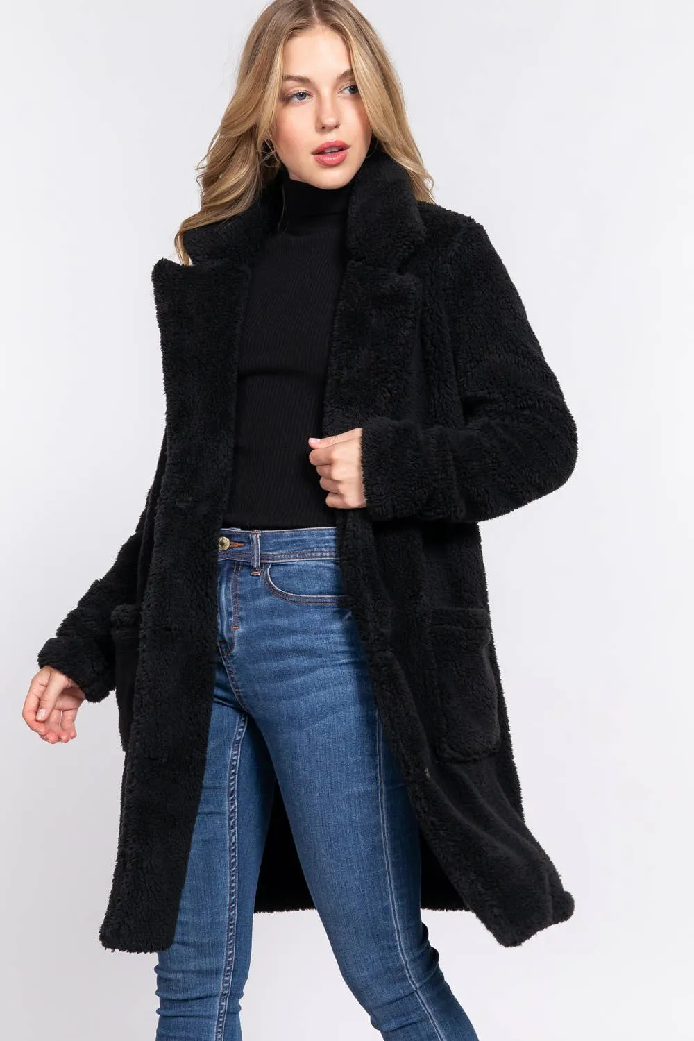 Notched Collar Faux Fur Soft Coat in Black and Olive