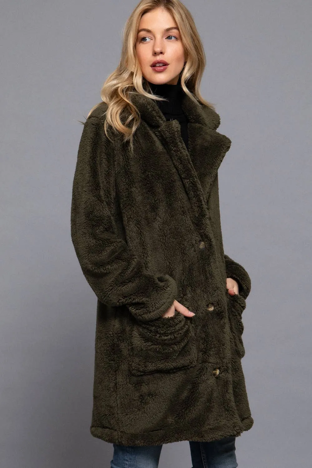 Notched Collar Faux Fur Soft Coat in Black and Olive