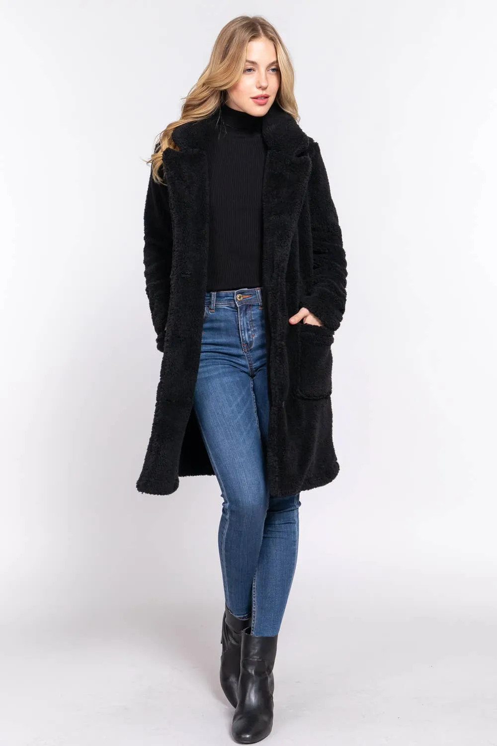 Notched Collar Faux Fur Soft Coat in Black and Olive