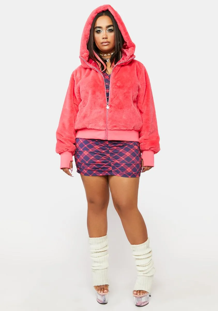 Plus Coral Nightcall Faux Fur Bomber Jacket