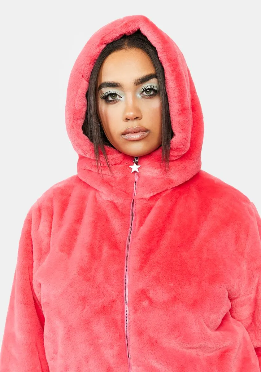 Plus Coral Nightcall Faux Fur Bomber Jacket