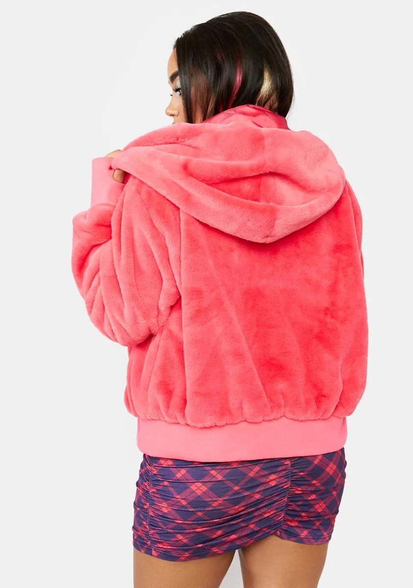 Plus Coral Nightcall Faux Fur Bomber Jacket