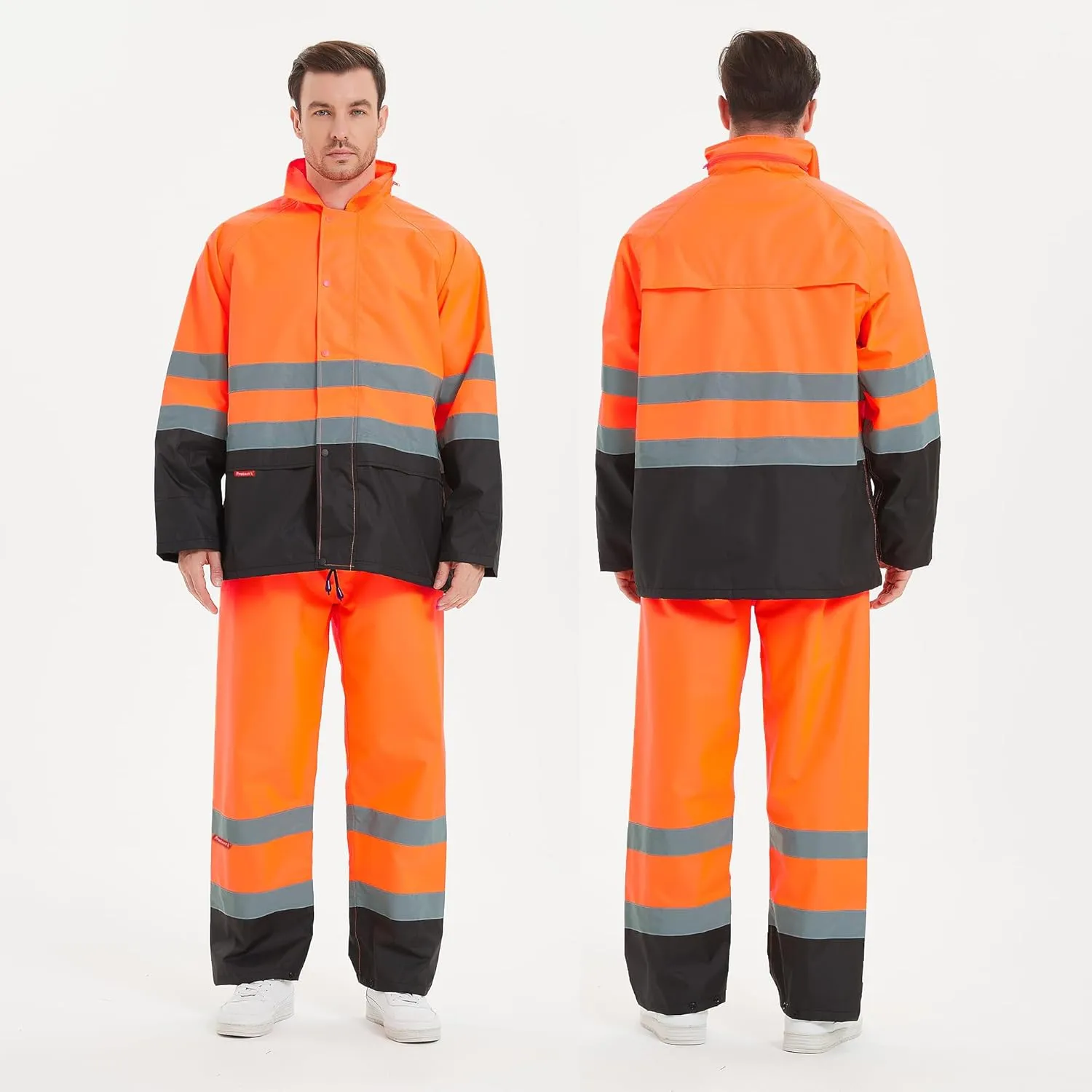 ProtectX Class 3 High Visibility Rain Suit for Men Waterproof, Hi Vis Reflective Safety Rain Jacket Pant Set Rain Coat - Orange
