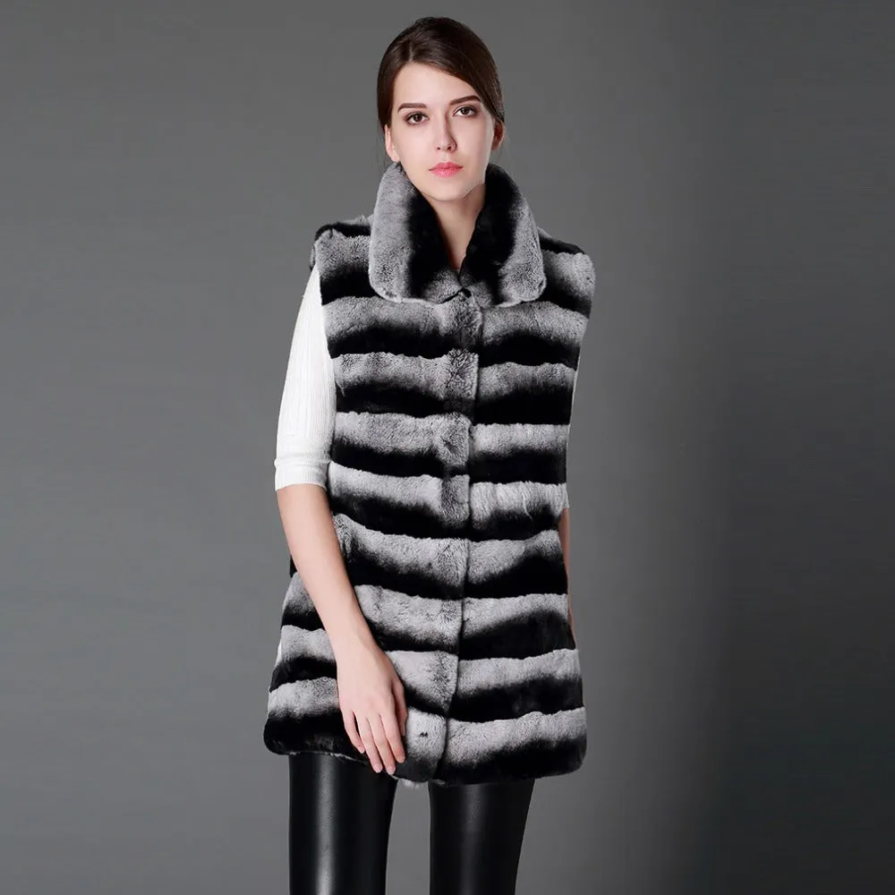 Real Rex Rabbit Fur Chinchilla Color Turn-down Collar Natural Fur Vest